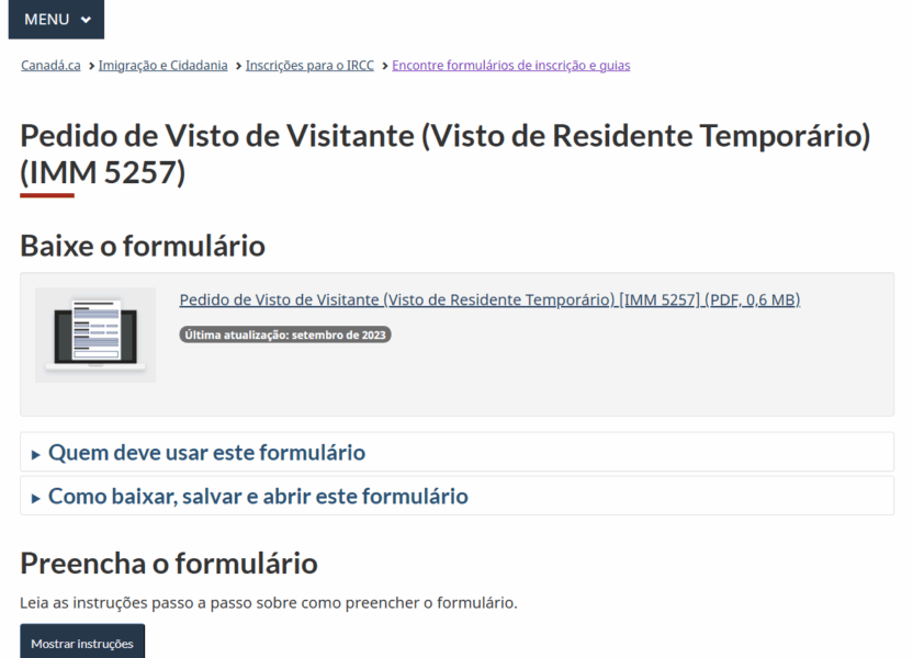 Imagem do site onde fica o formulário 5257