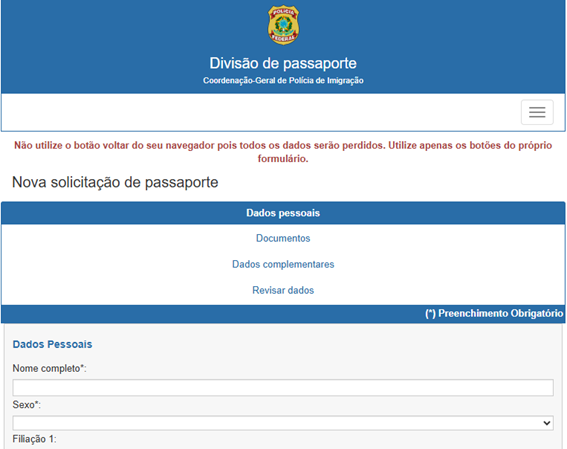 imagem do formulário para tirar o passaporte