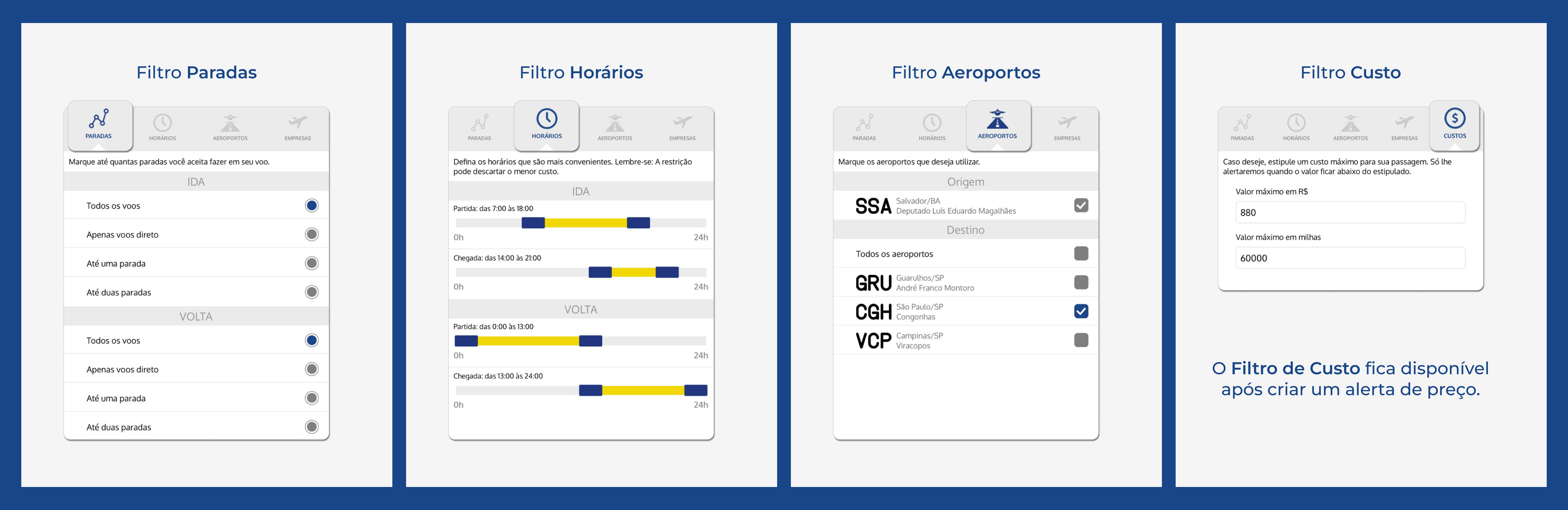 Telas do app Voelivre mostrando os filtros