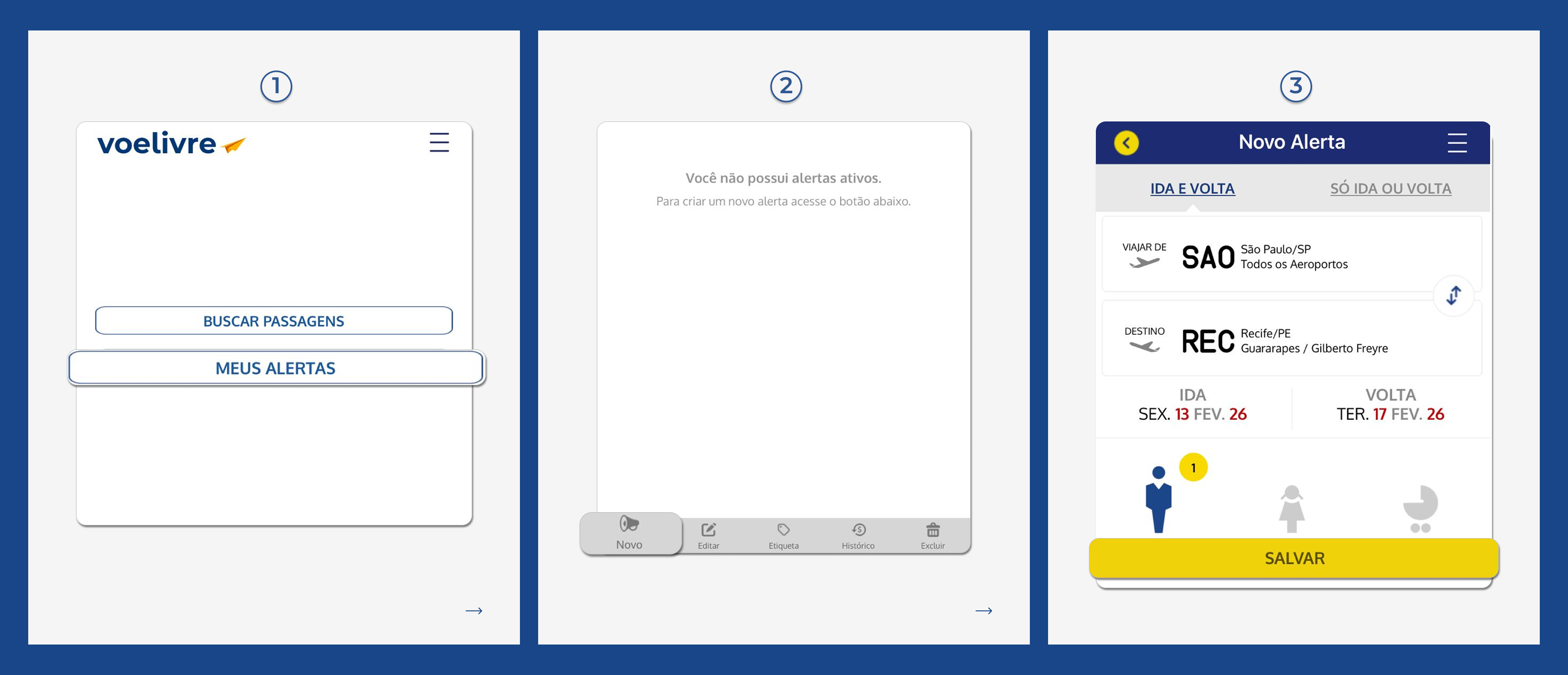Tutorial com telas do app Voelivre para criar alerta