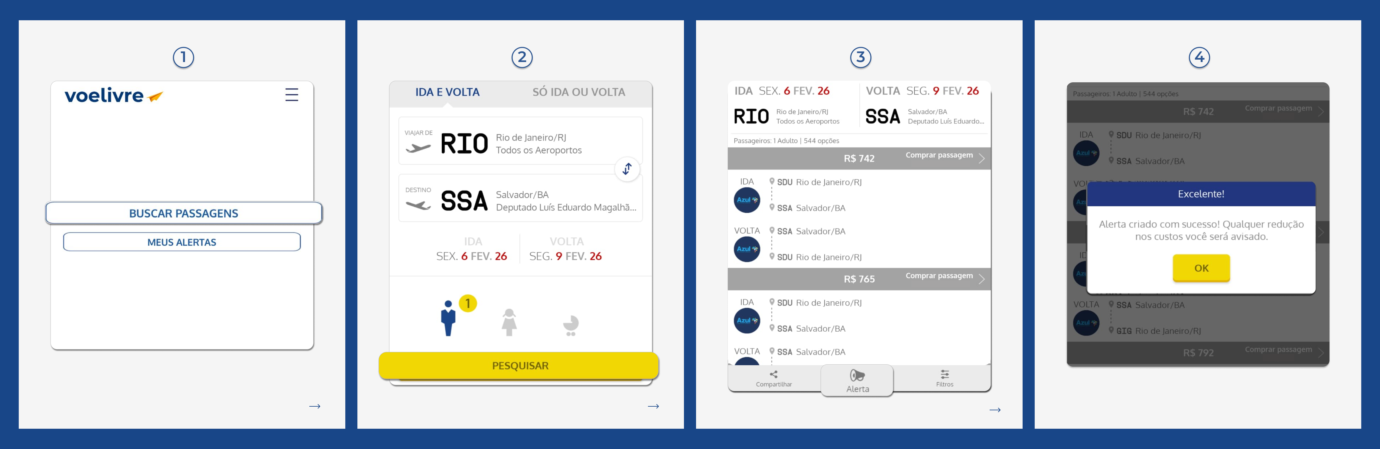 Tutorial com telas do app Voelivre como ativar alertas depois de buscar uma passagem