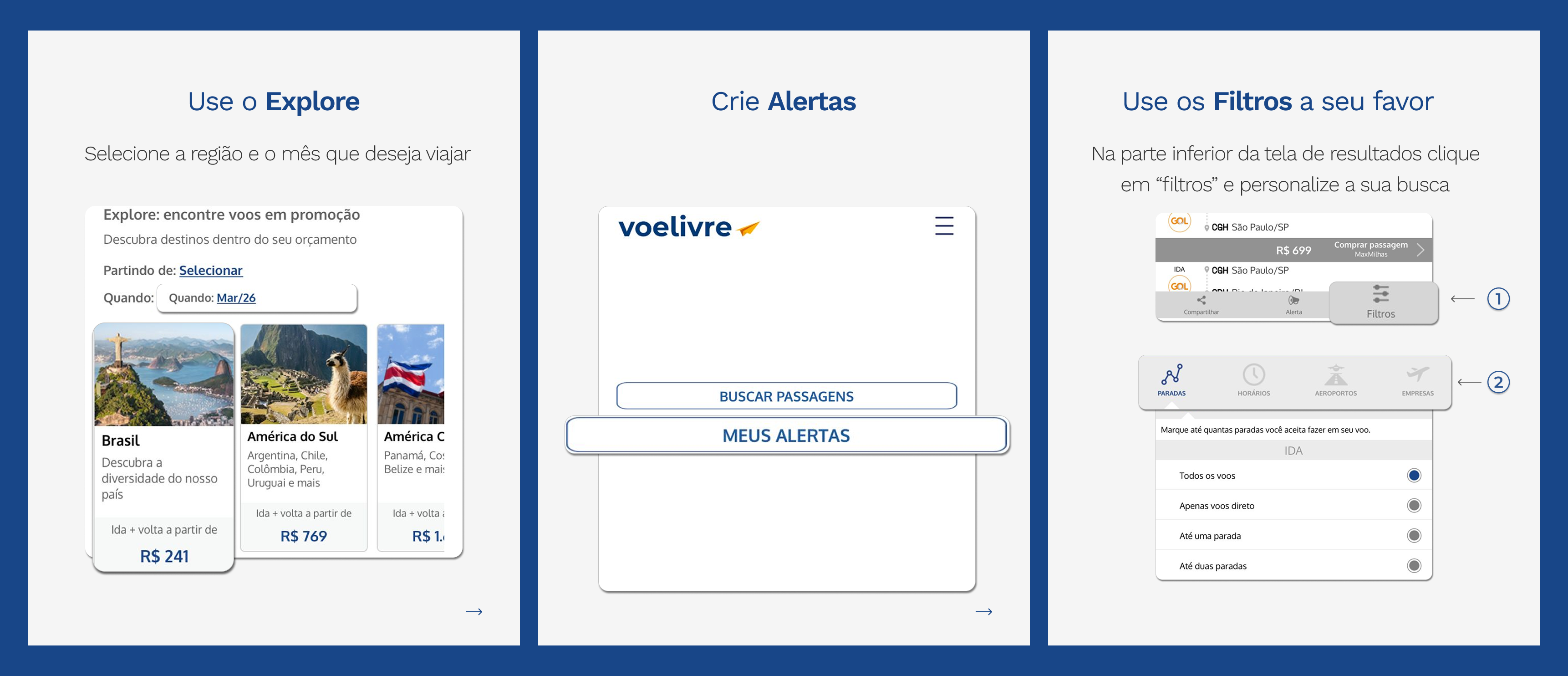 Telas do app Voelivre que mostram como economizar em passagens aéreas