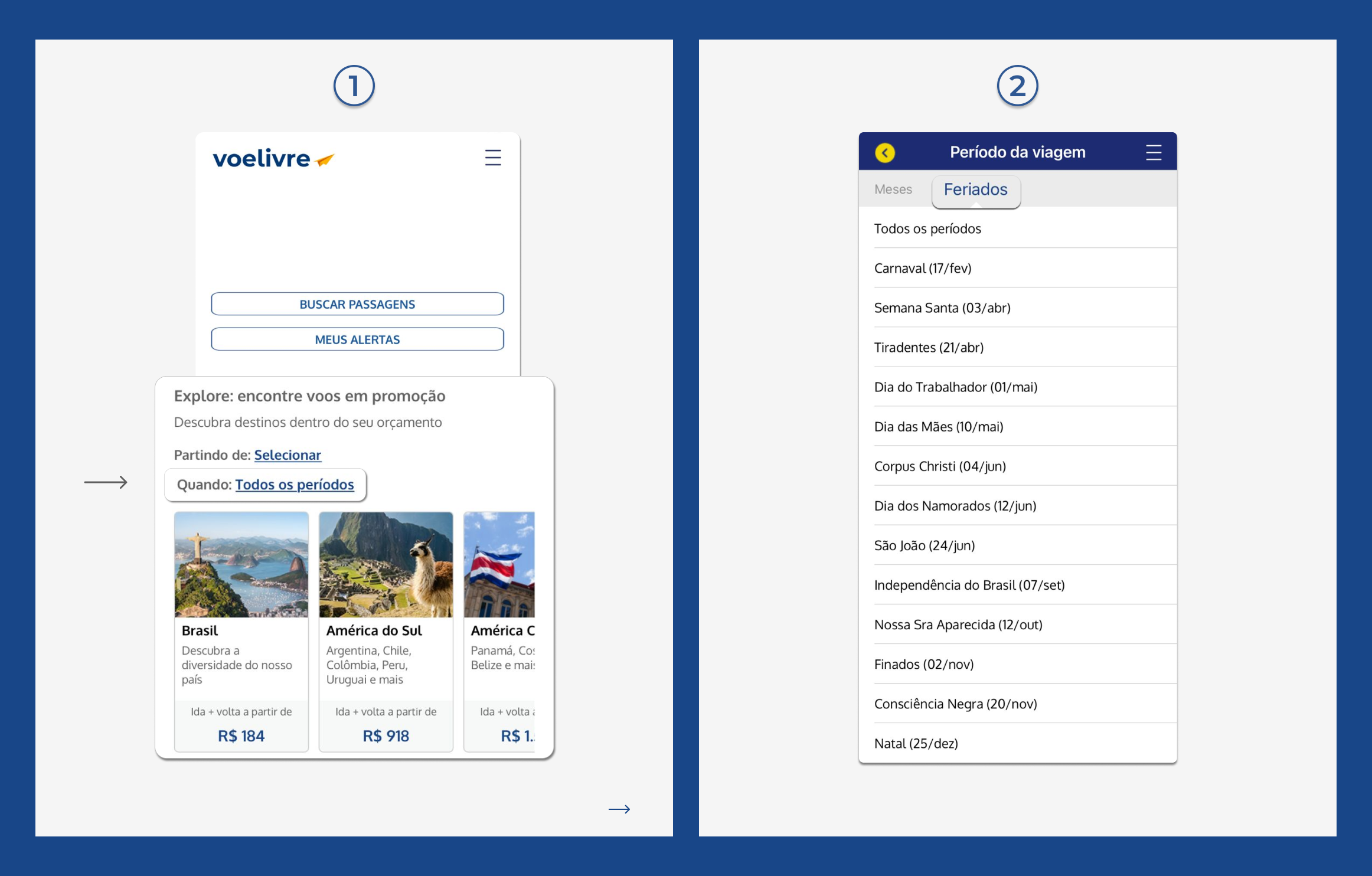 Telas do app Voelivre mostrando o calendário dos feriados