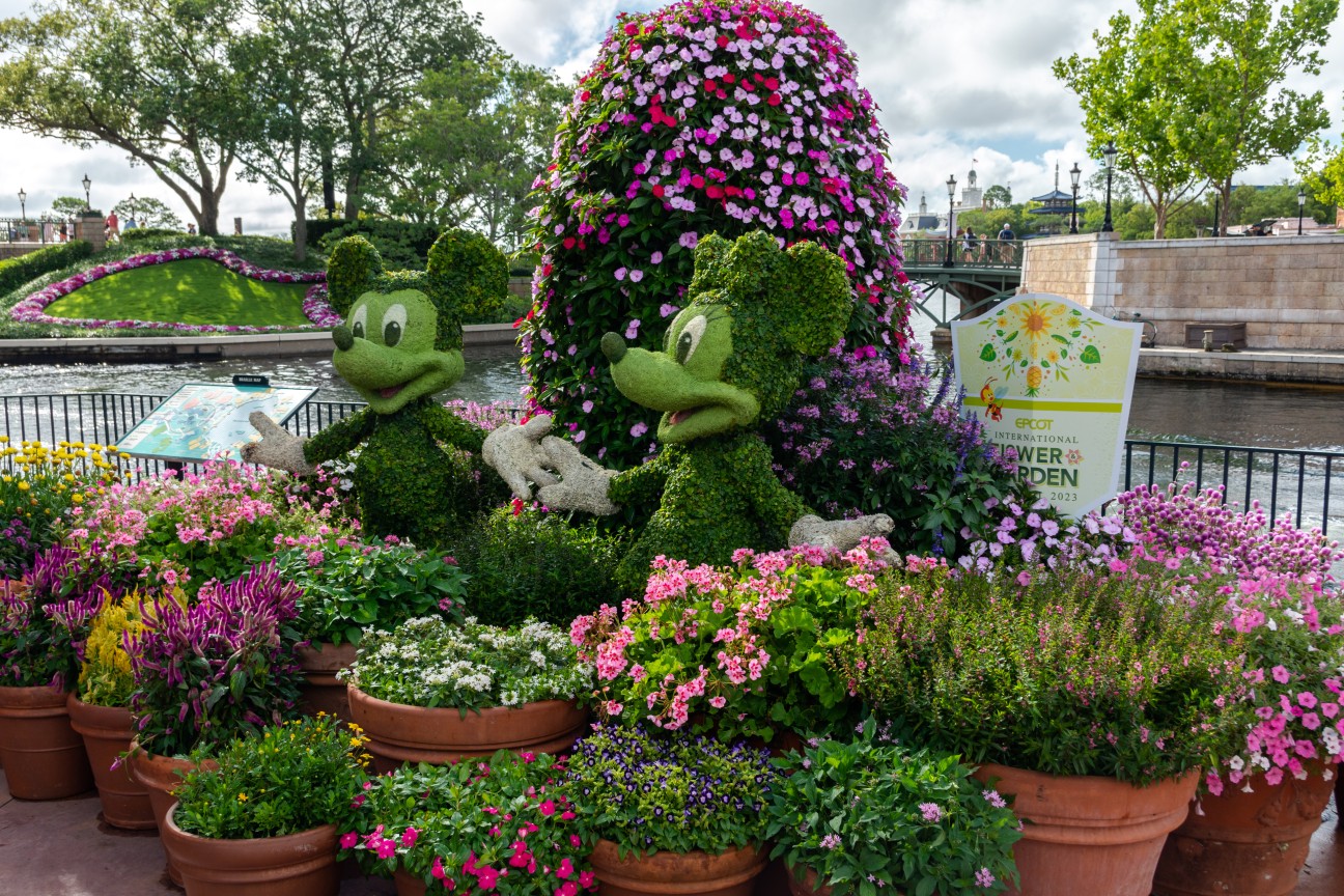 Topiários do Mickey e da Minnie no EPCOT International Flower & Garden Festival, no parque EPCOT (Disney World), Orlando.